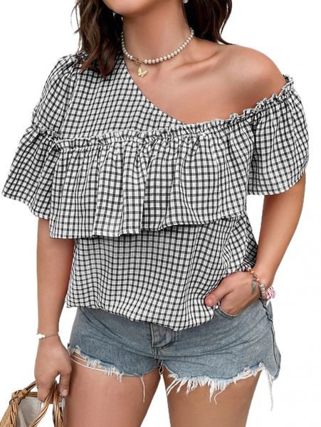 

plus gingham asymmetrical neck ruffle trim blouse 48ih#, Black
