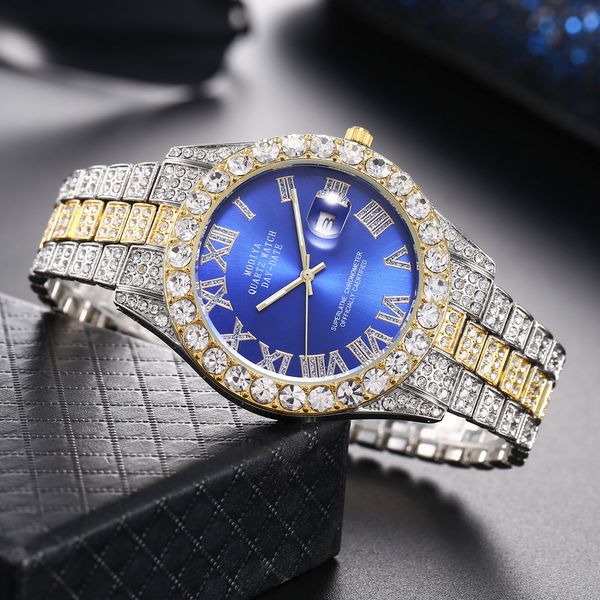 Fashion Luxury Watches Men Business Numerais romanos Relógio Full Diamond Stainless Aço Banda de Aço Calendário Quartz Relógio para homens presentes