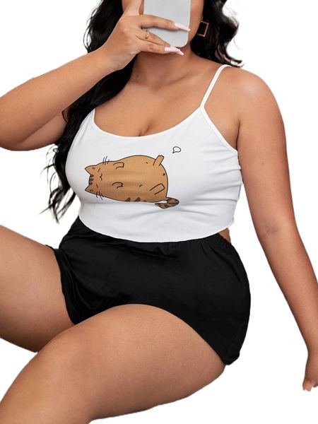 

plus cartoon cat print cami pj set d6w8#, Black;white