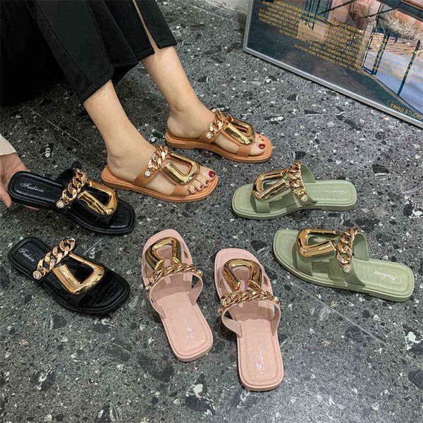 

2022 new style personalized chain u-button slippers women's fashion square head women's sandals, Black