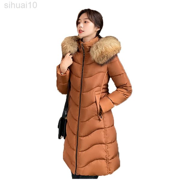 Kış Palto Kadınlar Yeni Kırmızı Yeşil Uzun Parkas Ceket Kore Moda İnce Kürk Yaka Kapşonlu Kalın Sıçır Down Pamuk Ceket L220730