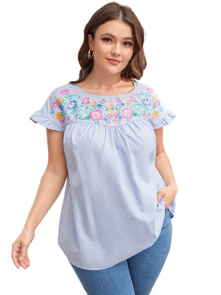 

plus striped & floral print ruffle cuff blouse 22ds#, Black