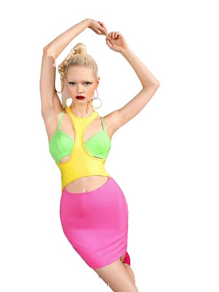 

color block cut out bodycon dress 16ov#, Black;gray