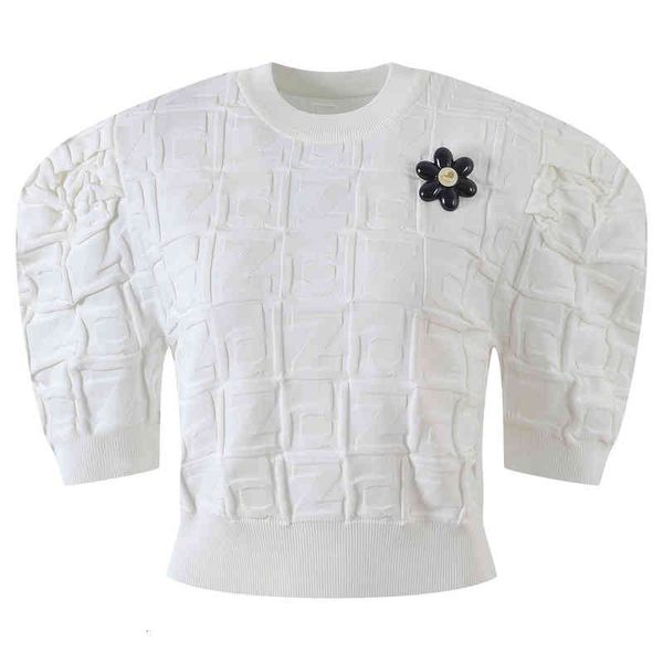 

women's sweaters summer style temperament flower decoration checkered jacquard slim fit bubble short sleeve sweater women's pullov, White;black