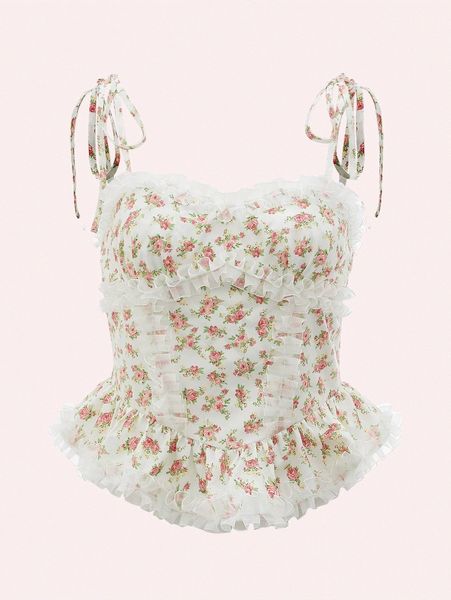 

floral print tie shoulder frill trim peplum cami i1lz#, White