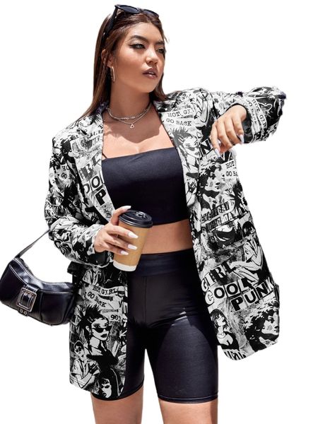 

plus letter & figure graphic blazer 79jn#, Black