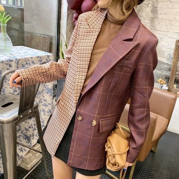 

ewq spring autumn long sleeve patchwork plaid loose coat korea trend design outerwear hit color women blazer qz64016 y201026, White;black