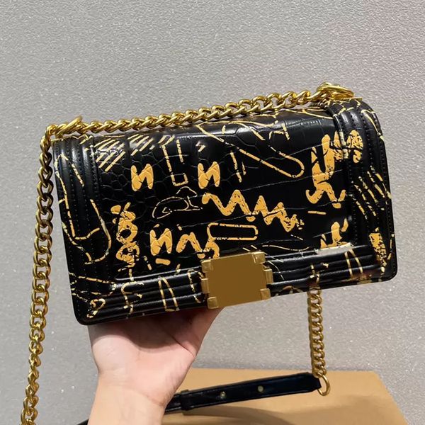 

aks classic quilted boy graffiti flap bag leather print letters ladies metal chain shoulder strap crossbody girls luxury designer french str