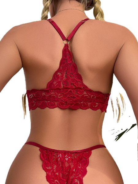 

floral lace scallop trim lingerie set 72vk#, Black;red