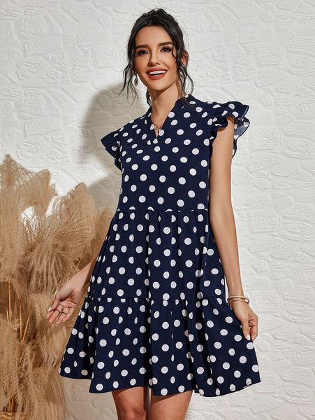 

polka dot notched neck ruffle trim babydoll dress w2sb#, Black;gray