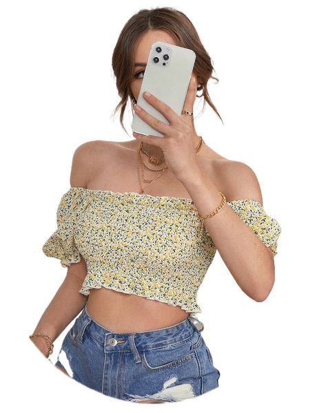 

ditsy floral print ruffle hem shirred crop h71f#, White