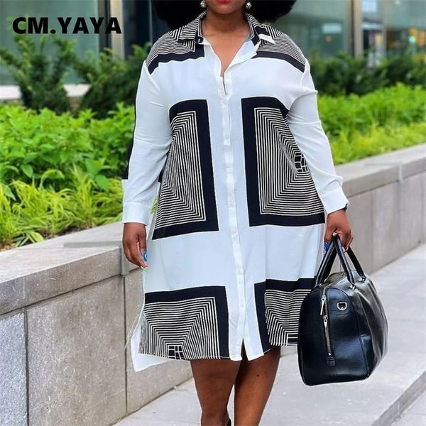 

cm yaya plus size women striped geometric l 4xl print button up turn down neck long sleeve blouse style dress 220601, Black