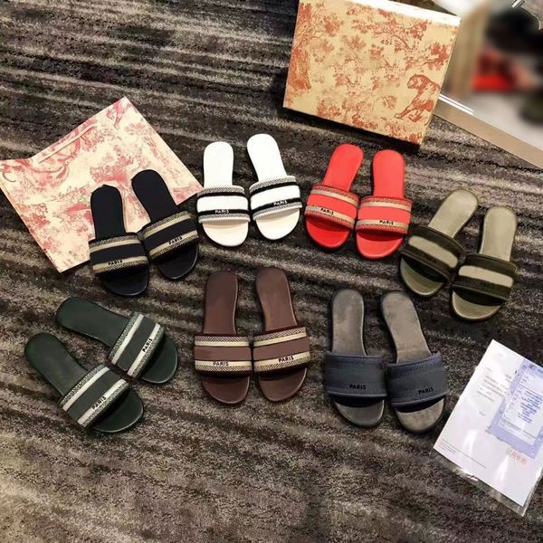 

designer women sandals summer leather flat letter embroidered slides fashion beach woman big head rainbow letters slippers with box size 35-, Black