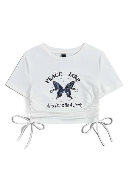 

x ciara butterfly & slogan graphic drawstring tie side tee 846y#, White