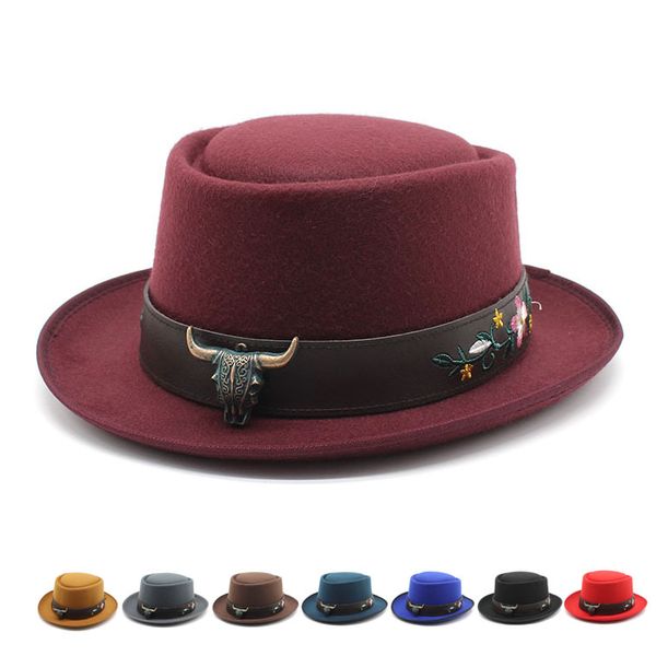 Nova moda cabeça de boi chapéu masculino e feminino ao ar livre bordado chapéu de feltro rolo beirais cavalheiro lazer chapéu bowler hcs172