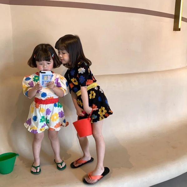 

milancel summer kids suit cute floral puff girls sets short sleeve tees and loose shorts casual 2pcs for sisters 220714, White