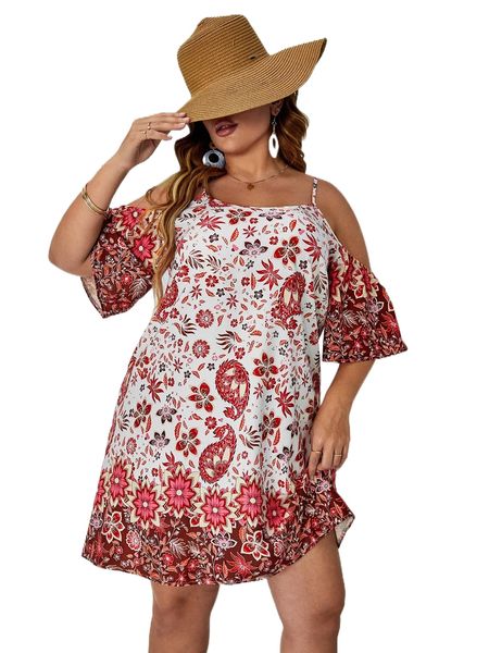 

plus floral print cold shoulder dress u60x#, Black