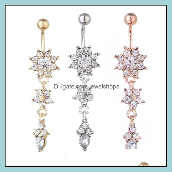 

floral diamond belly button nails stainless steel piercing ring plum blossom long pendant drop delivery 2021 navel bell rings body jewelry, Silver