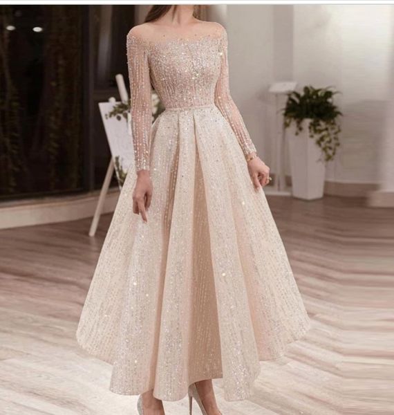 Luxuriöses beiges Midi-Abendkleid für Damen, Party, lange Ärmel, Illusionsausschnitt, knöchellang, arabische Brautkleider
