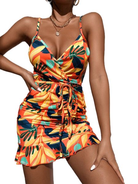 

tropical print belted ruched ruffle hem cami dress 40cp#, Black;gray