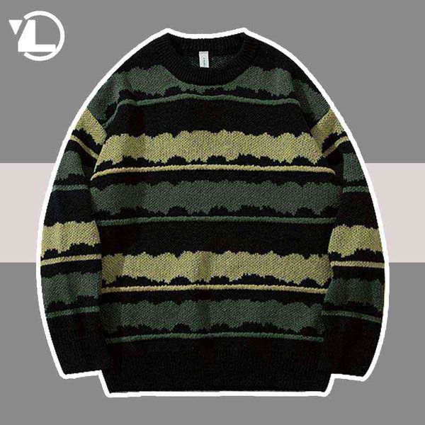 Стрипевый вязаный свитер мужчины женская уличная одежда винтажные зимние мягкие свитера 2021 японские повседневные осенние колледжа. Пуловой пуловер Unisex T220730