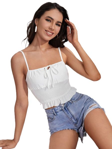 

knot front shirred peplum cami x8pd#, White