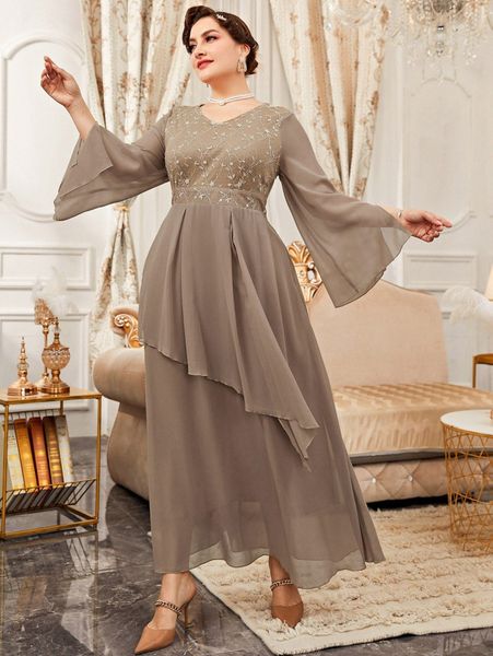 

plus floral embroidery split sleeve ruffle trim dress a6kn#, Black