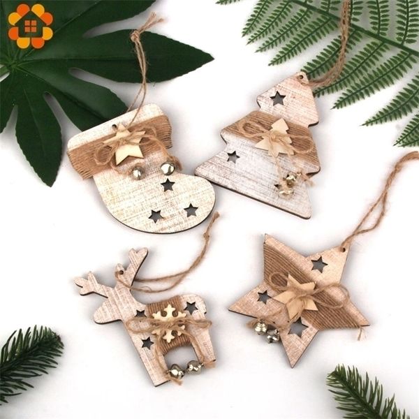 1PC Vintage Christmas Wooden Deersocktreestar Pingentes Ornamentos Wood Crafts Kids Presente Decorações de Árvore Y201020