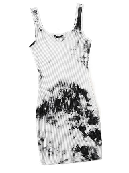 

notch neck tie dye dress d86h#, Black;gray