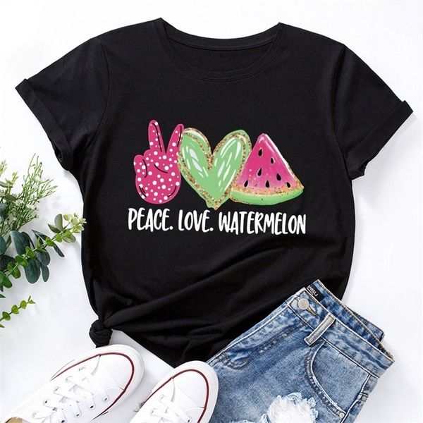 T-shirt da donna estiva in cotone Versatile Peace Love Watermelon Print T-shirt grafiche Top manica corta O-Collo T-shirt oversize casual 220511