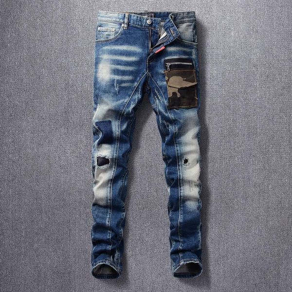 Jeans masculinos estilo italiano Men Men Retro azul designer de bolso de bolso esbelto rasgado