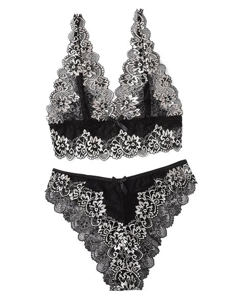 

plus floral lace lingerie set o49b#, Black;white