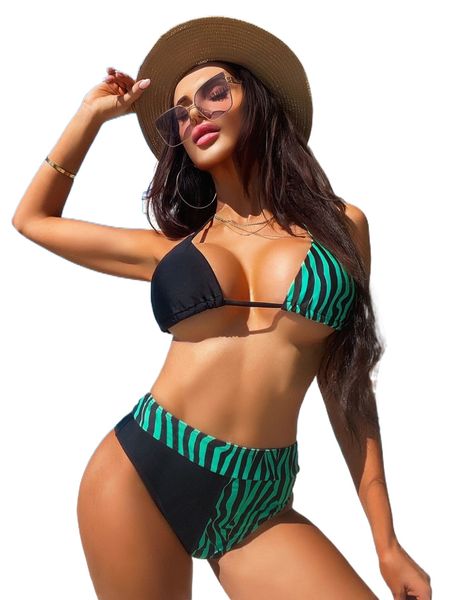 

striped color block micro triangle bikini swimsuit l1tz#, White;black