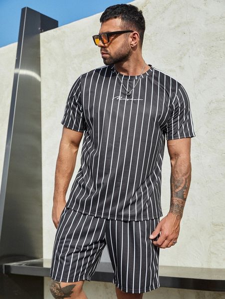 

extended sizes men striped tee & drawstring waist shorts a5hq#, Gray