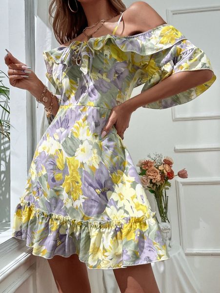 

floral print cold shoulder ruffle trim dress m2se#, Black;gray