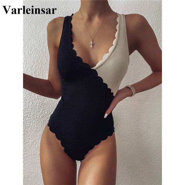 

XS - XL Sexy Scalloped Splicing High Cut One Piece Swimsuit Women Swimwear Female Ribbed Bather Bathing Suit Swim Lady V2425