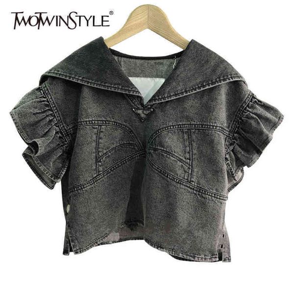 

denim patchwork ruffle for women v neck short sleeve casual t shirts female fashion clothing 210423, White