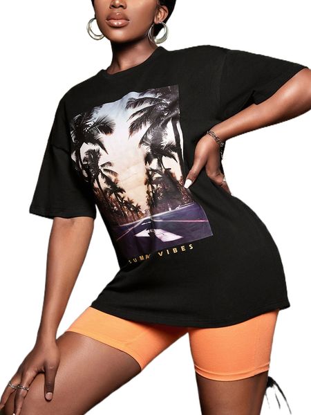 

sxy letter & palm tree print drop shoulder tee t6cp#, White
