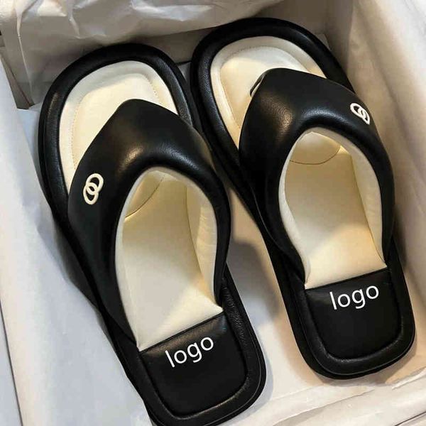 

slippers xiaoxiangfeng slippers women's summer wear flat bottom clip foot herringbone slippers thick bread shoes toe gghq, Black