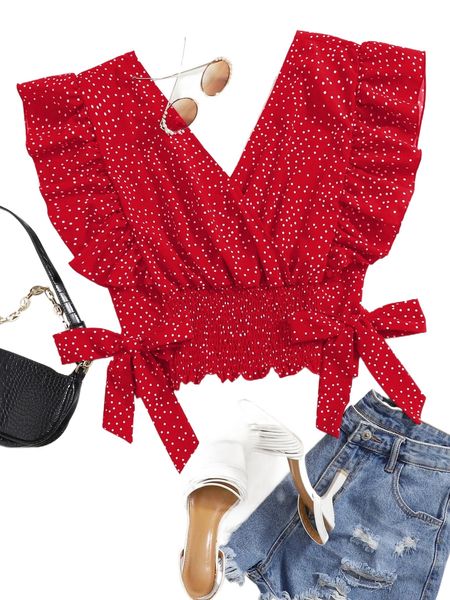 

plus ruffle trim knot side polka dot blouse f37u#, Black