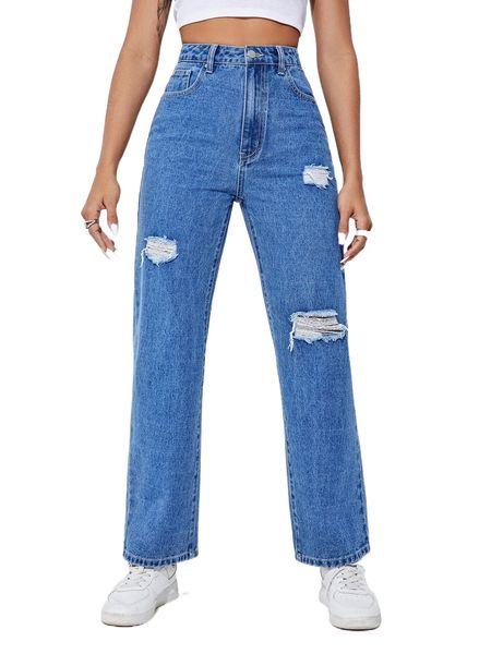 

high waist ripped frayed straight leg jeans b8ve#, Blue