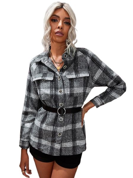

plaid print pocket and button front overcoat without belt m20s#, Black