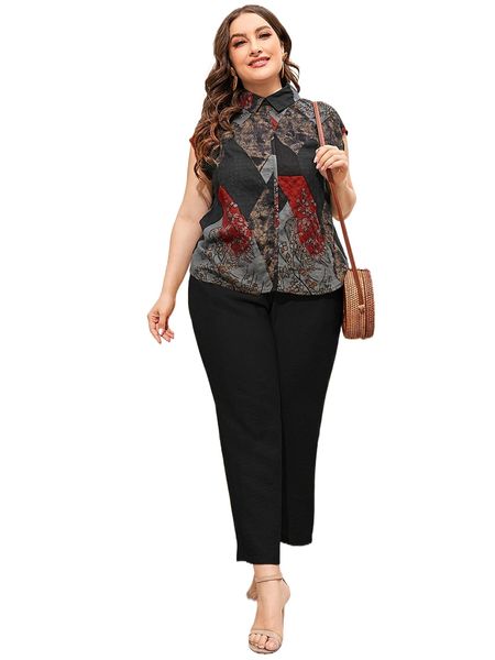 

plus plants print tie dye shirt & pants x3bc#, Black