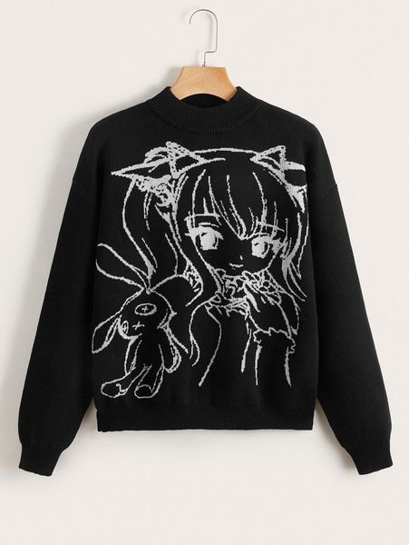 

figure pattern mock neck drop shoulder sweater a4ca#, White;black