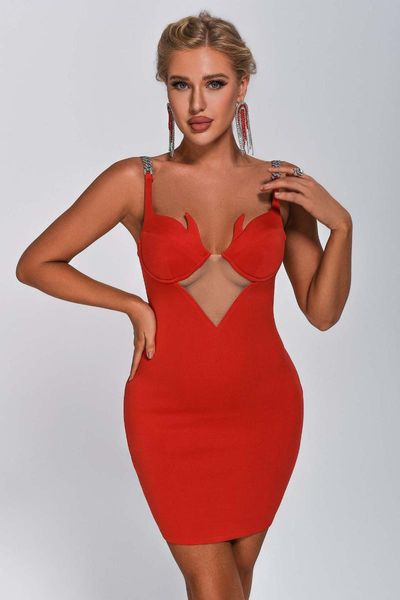 Vestidos casuais Red Lace Off Bandage Dress para mulheres sexy com decote em V 2022 Partido de verão Celebrity Evening Elegant Club DressC