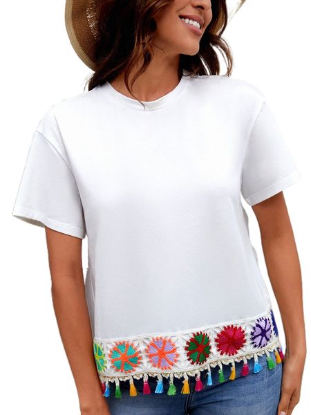 

floral embroidered tassel hem tee f8xg#, White