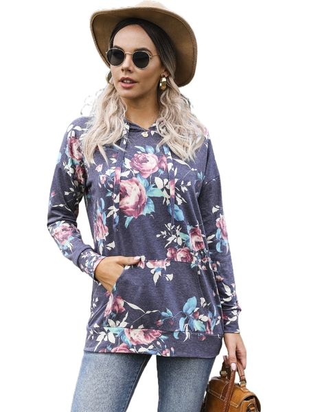 

dearcase kangaroo pocket floral print drawstring hoodie h4et#, Black