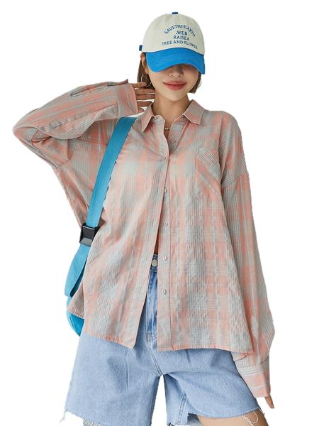 

dazy plaid print drop shoulder blouse j04i#, White