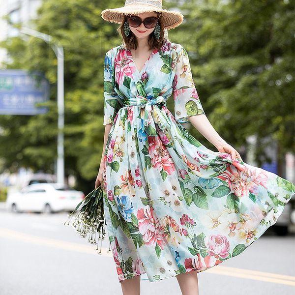 

casual dresses designer summer new women's printed temperament elegant v-neck seven point sleeve lace up silk large pendulum medium and, Black;gray