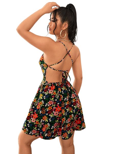 

floral print criss cross backless dress 97ue#, Black;gray